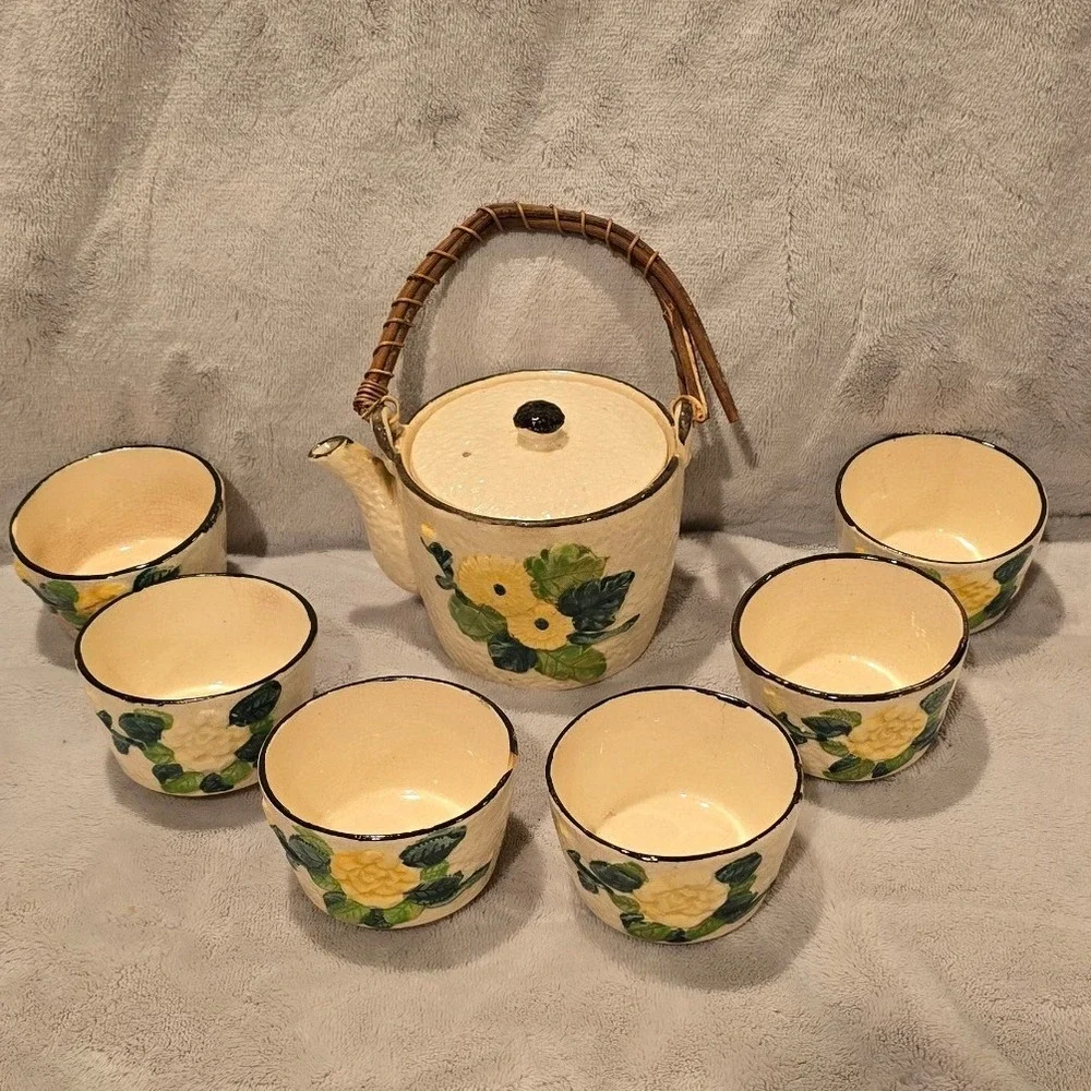 Vintage Made in Japan Floral Ceramic Tea Set Teapot 6 Cups Wicker Handle Cream